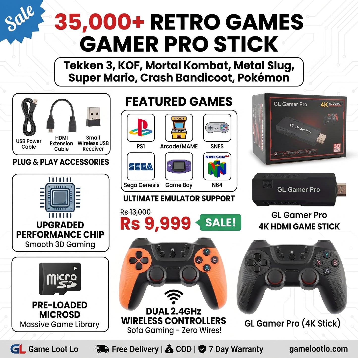 GL Gamer Pro 4K Game Stick - 35,000+ Built-in Retro Games with Dual Wireless Controllers