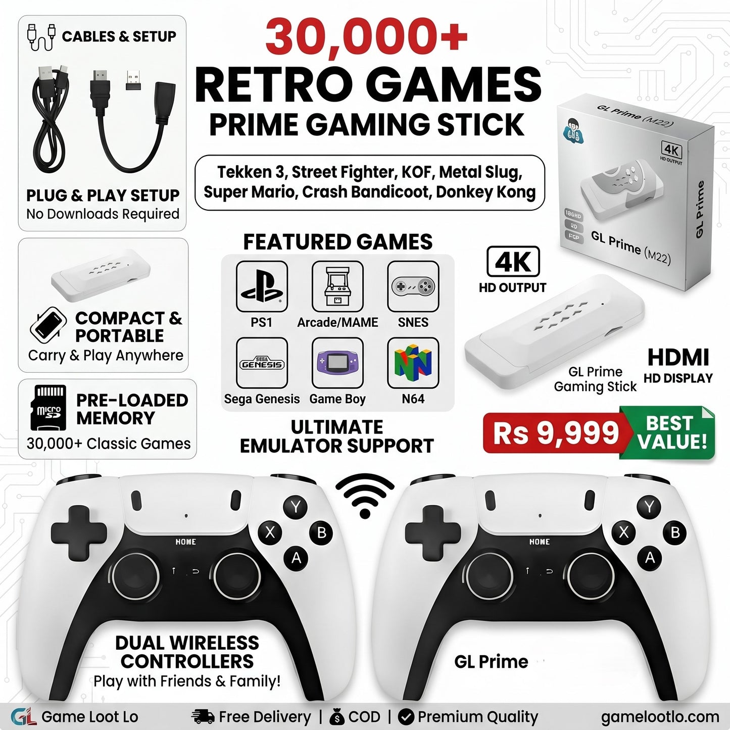 GL Prime Gaming Stick 4K - 30,000+ Built-in Games with Dual Wireless Controllers