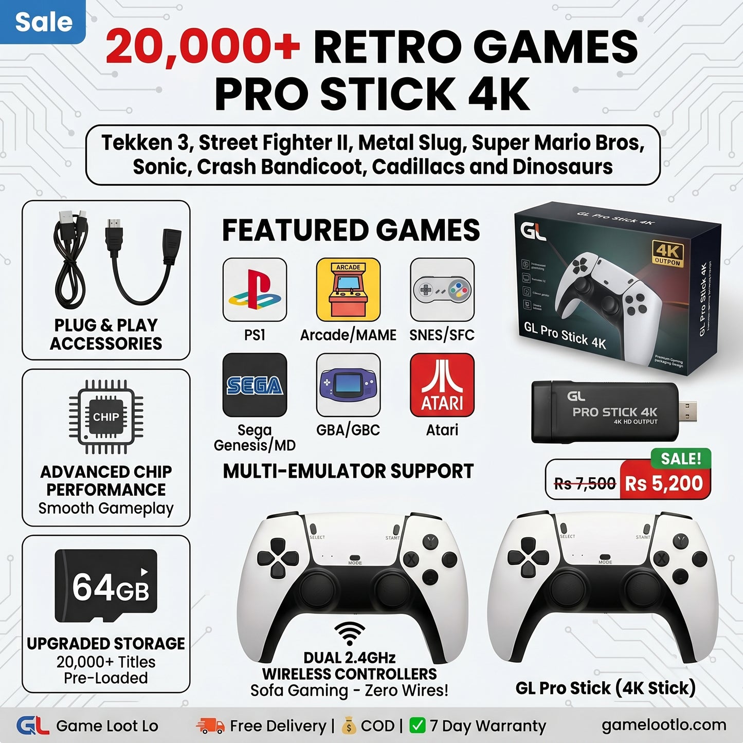 GL Pro Stick 4K Game Stick - 20,000+ Built-in Retro Games with Dual Wireless Controllers