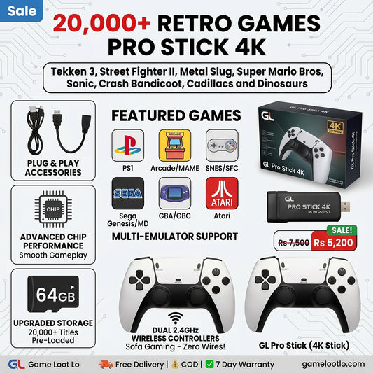 GL Pro Stick 4K Game Stick - 20,000+ Built-in Retro Games with Dual Wireless Controllers